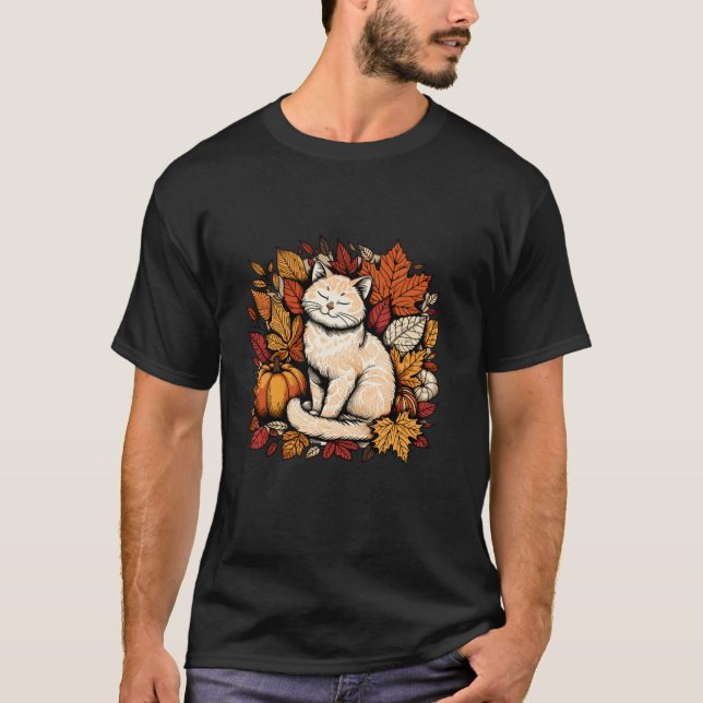Funny Cat Fall Leaf Tree Hello Autumn Thanksgiving T-Shirt (Front)