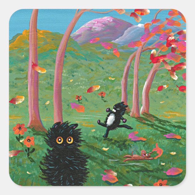 Funny Cat Fall Leaves Cartoon Creationarts Square Sticker (Front)