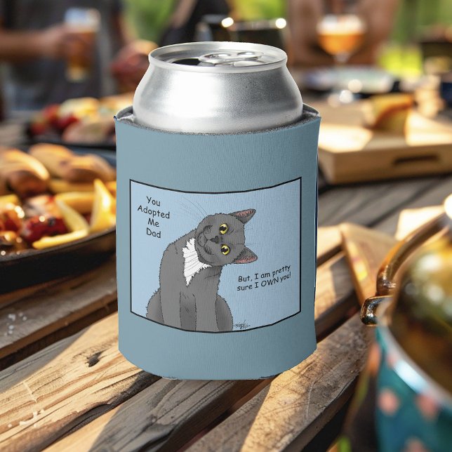 Funny Cat Father’s Day Grey Cat Blue Can Cooler (Creator Uploaded)