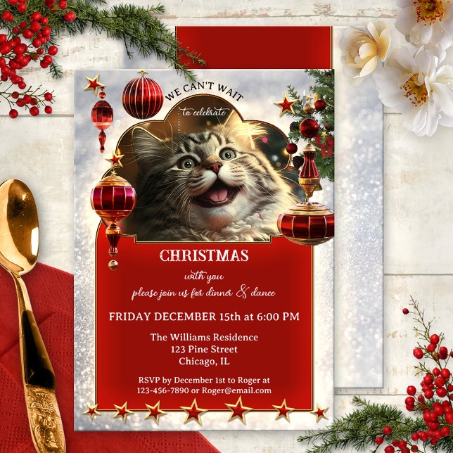 Funny Cat Festive Christmas Holiday Invitation (A funny Christmas holiday invitation featuring an all exited kitty watching the ornaments and lights)