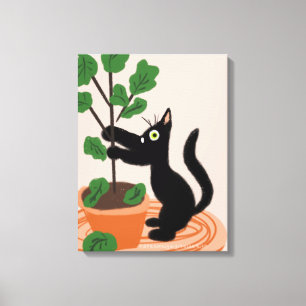 Funny Cat Fig Tree Potted Plants Hand Drawn Canvas Print