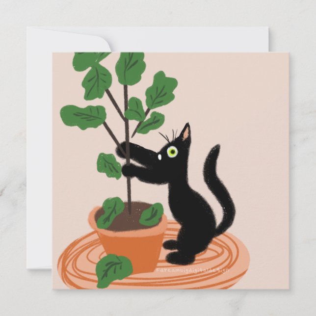 Funny Cat Fig Tree Potted Plants Hand Drawn Card (Front)