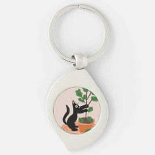 Funny Cat Fig Tree Potted Plants Hand Drawn     Gl Key Ring
