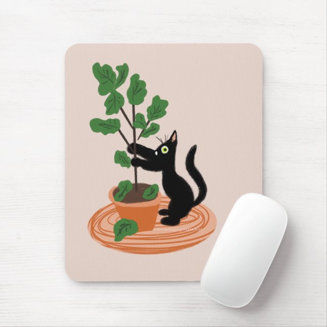 Funny Cat Fig Tree Potted Plants Hand Drawn    Mouse Pad (With Mouse)