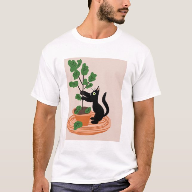 Funny Cat Fig Tree Potted Plants Hand Drawn    T-Shirt (Front)