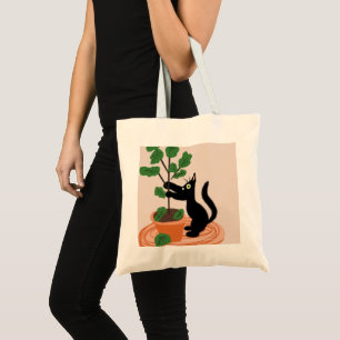 Funny Cat Fig Tree Potted Plants Hand Drawn Tote Bag