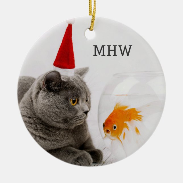 Funny Cat & Fish custom monogram ornament (Front)