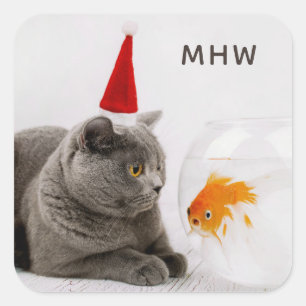 Funny Cat & Fish custom monogram stickers