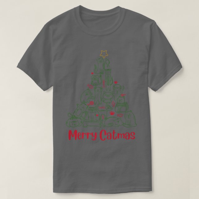 Funny Cat & Fish Merry Catmas Christmas Tree Cat L T-Shirt (Design Front)