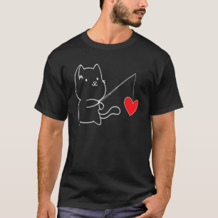 Funny Cat Fishing Heart Valentines Day T-Shirt