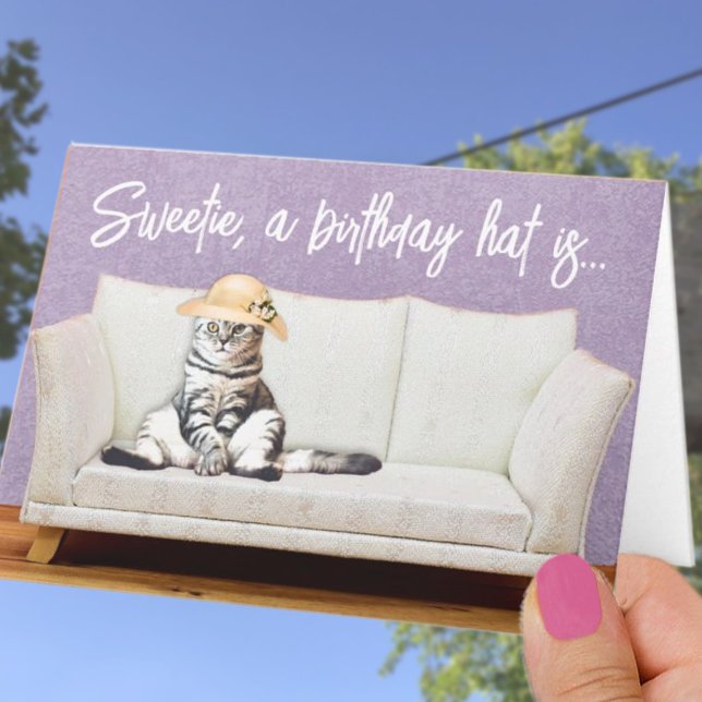 Funny Cat Floral Sun Hat Custom Birthday Card (Creator Uploaded)