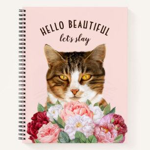 Funny Cat Flowers Hello Beautiful Pink Notebook