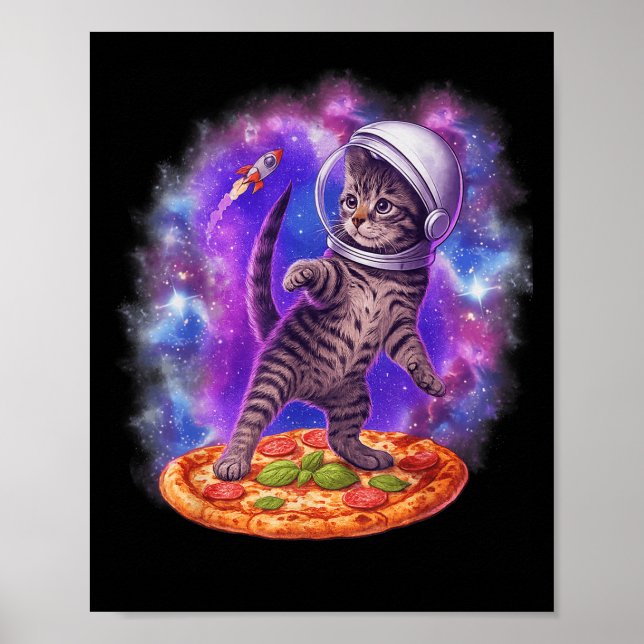 Funny Cat Flying A Pizza Astronaut Kitten Space Ki Poster (Front)