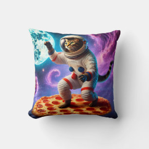 Funny Cat Flying A Pizza Astronaut Kitty Space Cushion