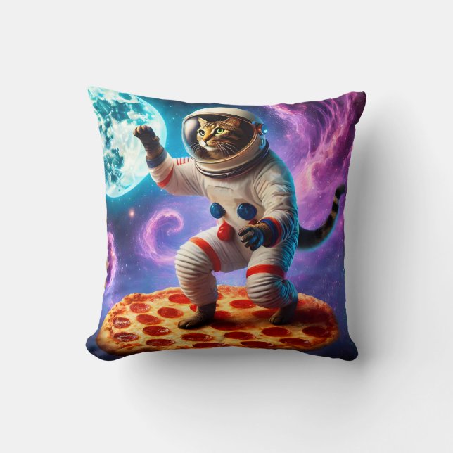 Funny Cat Flying A Pizza Astronaut Kitty Space Cushion (Front)