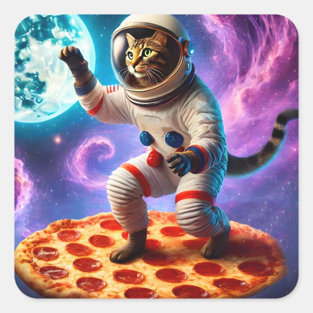 Funny Cat Flying A Pizza Astronaut Kitty Space Square Sticker (Front)