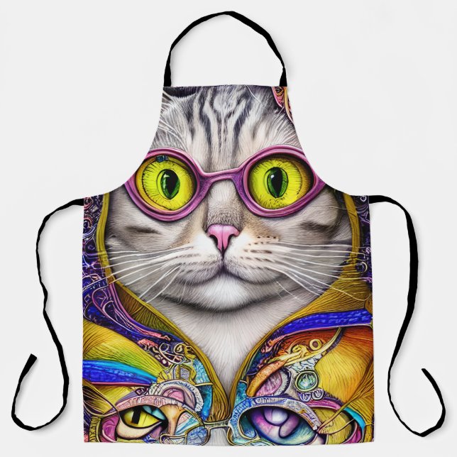 Funny Cat Funky Retro Wearing Glasses Apron (Front)