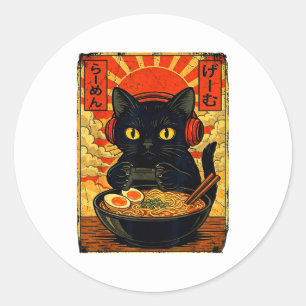 Funny Cat Gamer Men Anime Kawaii Gaming Headset Ca Classic Round Sticker