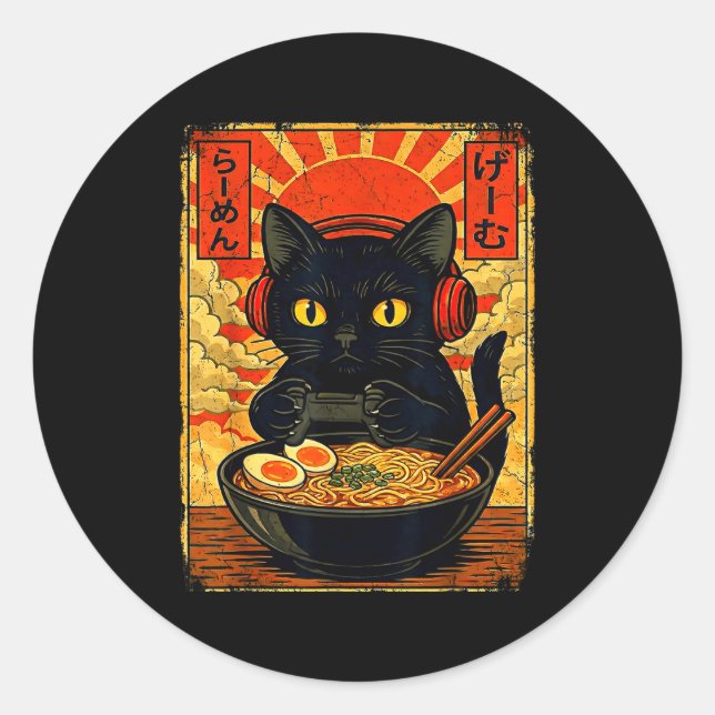Funny Cat Gamer Men Anime Kawaii Gaming Headset Ca Classic Round Sticker (Front)