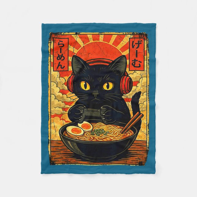 Funny Cat Gamer Men Anime Kawaii Gaming Headset Ca Fleece Blanket (Front)