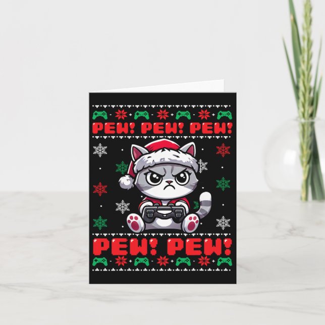 Funny Cat Gamer Pew Video Game Ugly Christmas Boys Card (Front)