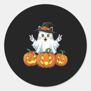 Funny Cat Ghost Pumpkin Boo Halloween Kids Mens Wo Classic Round Sticker