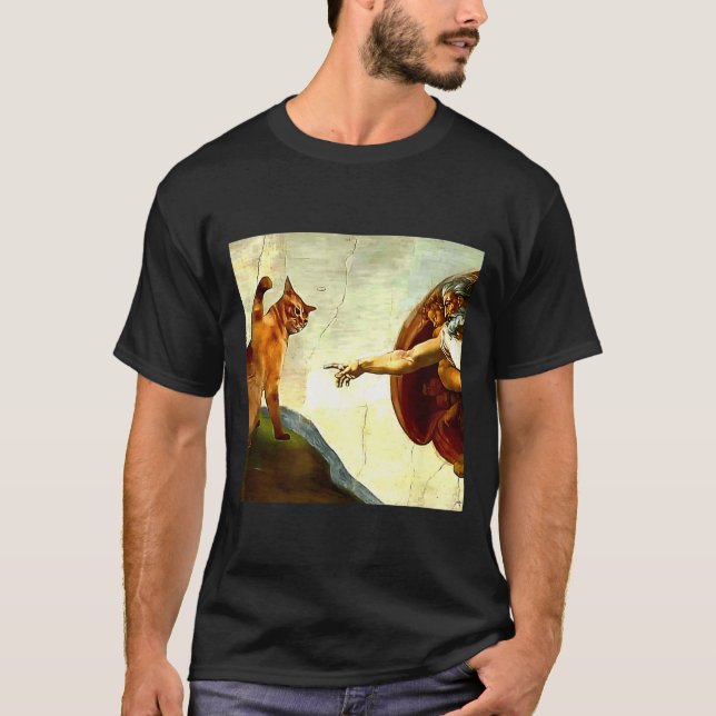 Funny Cat God Creation Of Adam Meme Jesus Christia T-Shirt (Front)