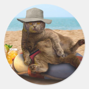 Funny cat going on vacation classic round sticker