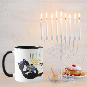 Funny Cat Gold Menorah Hebrew Happy Hanukkah Mug