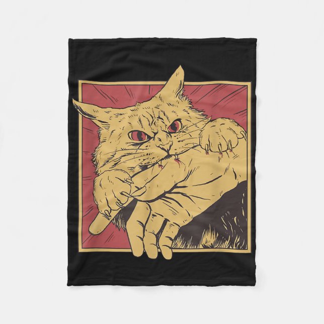 Funny Cat Graphic Tee Japanese Anime Cat Bite  Fleece Blanket (Front)