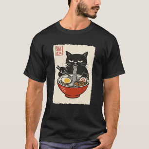 Funny Cat Grumpy Ramen Sumi e Kawaii Ink Painting T-Shirt
