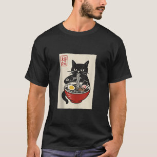 Funny Cat Grumpy Ramen Sumi e Kawaii Ink Painting T-Shirt