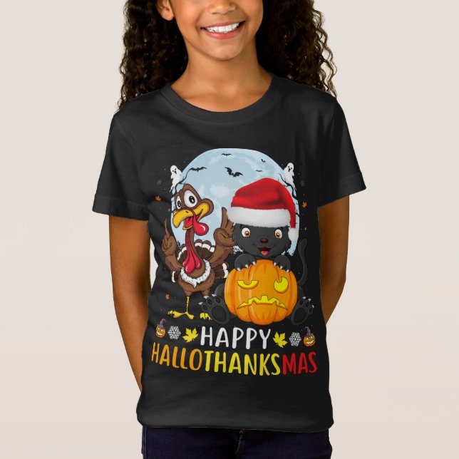Funny Cat Halloween And Merry Christmas Happy Hall T-Shirt (Front)