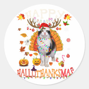 Funny Cat Halloween Christmas Cat Happy Hallothank Classic Round Sticker