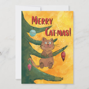 Funny Cat Hanging from a Branch of the Christmas  Holiday Card