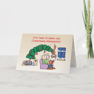 Funny cat hanging from Christmas tree, photo Holiday Card