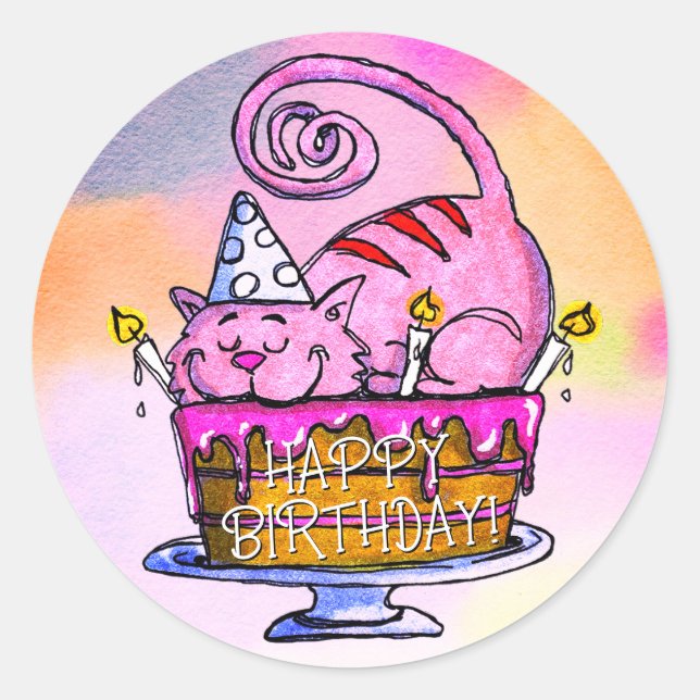 Funny Cat Happy Birthday Cake and Candles Classic Round Sticker (Front)