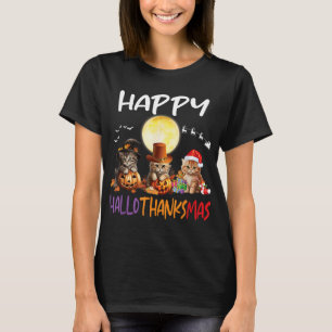 Funny Cat Happy Hallothanksmas Halloween Thanksgiv T-Shirt