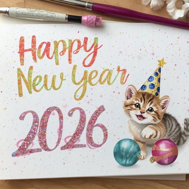 funny cat happy new year Flat Card (Creator Uploaded)