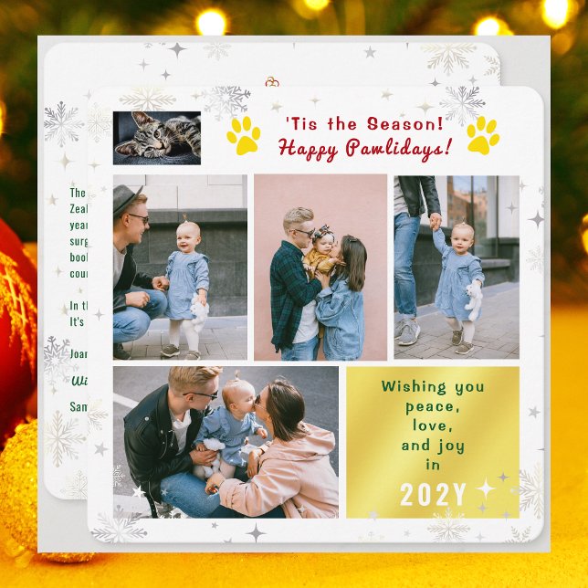 Funny Cat Happy Pawlidays Peace Love Joy 5 Photos  Holiday Card (Funny Cat Dog Photo Happy Pawlidays with 5 Photos Total. Elegant Cute Snowflakes. What a year letter)