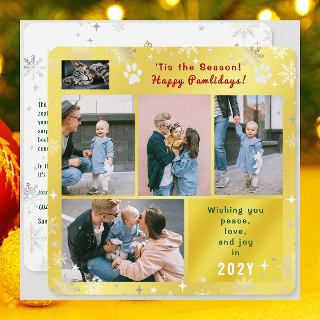 Funny Cat Happy Pawlidays Peace Love Photos Golden Holiday Card (Funny Cat Dog Photo Happy Pawlidays with 5 Photos Total. Elegant Cute Golden Background, Snowflakes)