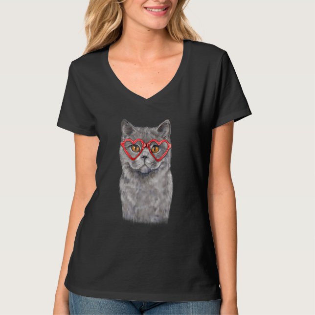 Funny Cat Heart Glasses Valentine's Day British Sh T-Shirt (Front)