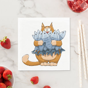 Funny Cat Holding Fish Cartoon Hungry Kitty Napkin