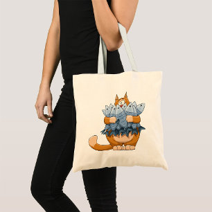 Funny Cat Holding Fish Cartoon Hungry Kitty Tote Bag