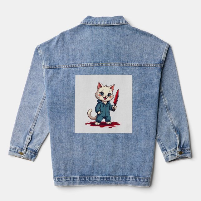 Funny Cat Horror Movies Cute Halloween For Cat Kit Denim Jacket (Back)
