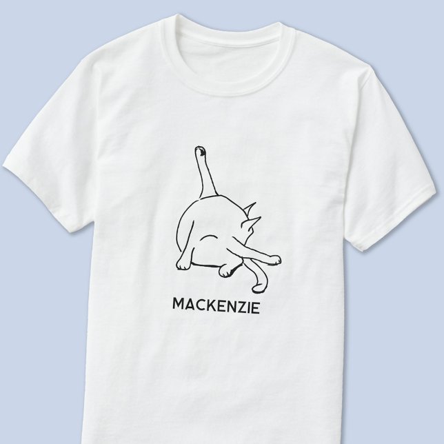 Funny Cat Humor Line Art Personalized Name T-Shirt (Fun cat washing humor line art personalized custom name or text t-shirt for animal lovers)