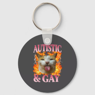 Funny Cat Humor Saying Autistic And Gay Cat Meme Q Key Ring