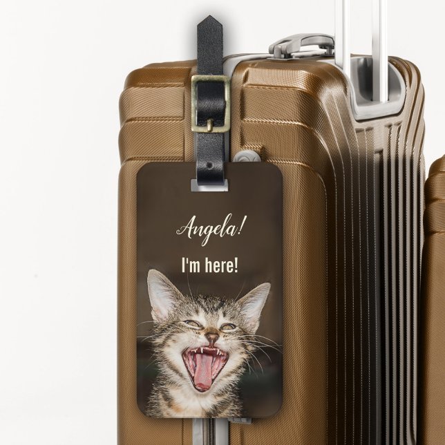 Funny Cat Humourous Luggage Tag (Luggage tag featuring a funny image of a yelling cat trying to catch your attention)