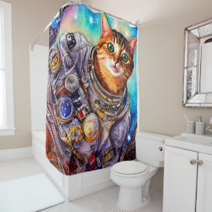 Funny Cat in Action Astronaut Cat Shower Curtain