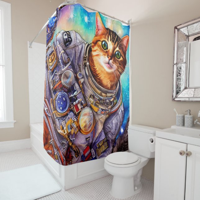 Funny Cat in Action | Astronaut Cat Shower Curtain (In Situ)